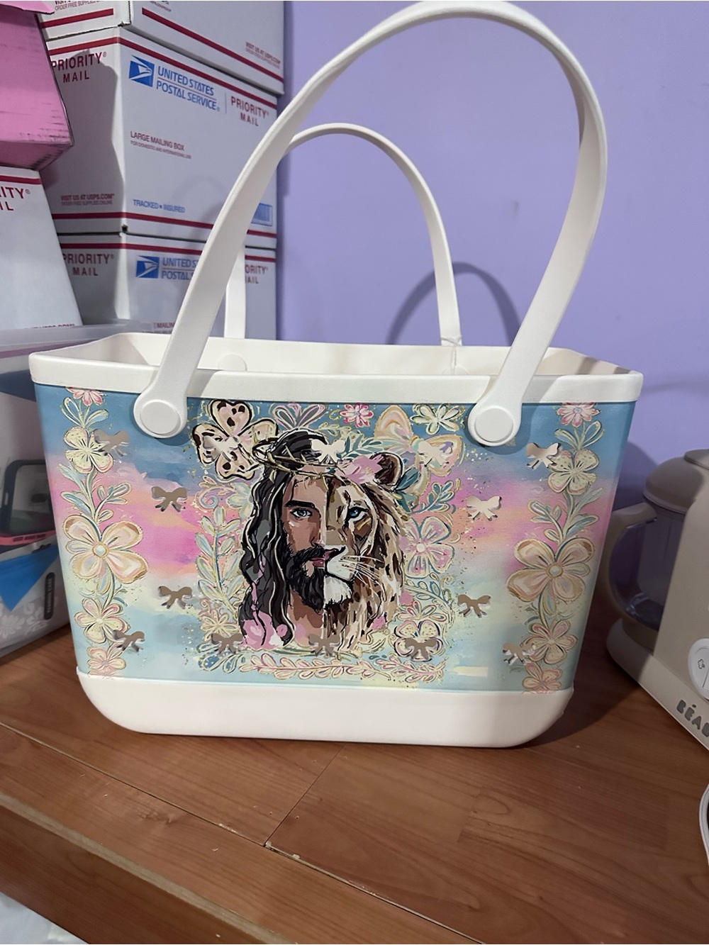Pastel Floral Lion Tote Bag with White Handles these are made like bogg bags